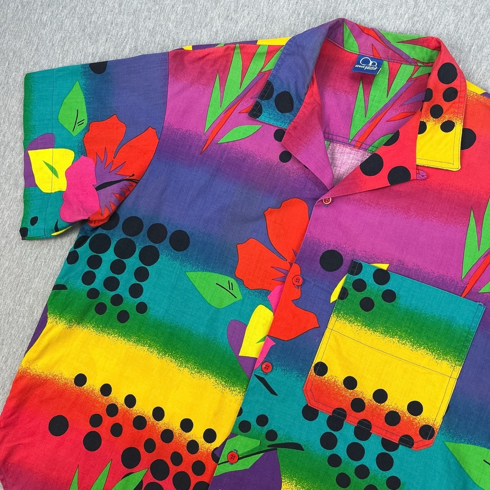 Vintage OP Loop Collar Aloha Shirt Men L Multicolor Abstract Wild Cotton 80s USA